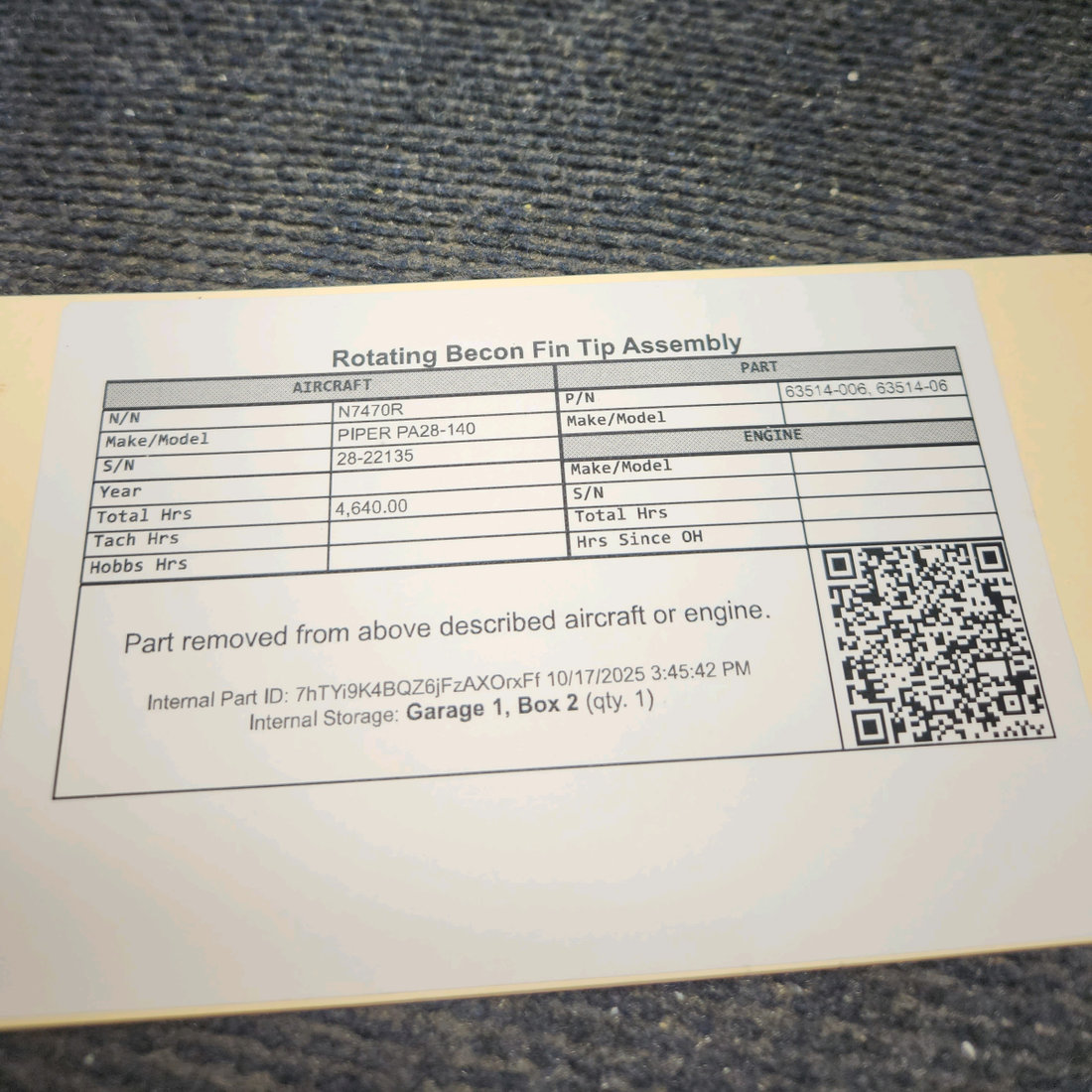 Used aircraft parts for sale, 63514-006 PIPER PA28-140 Rotating Beacon Fin Tip Assembly