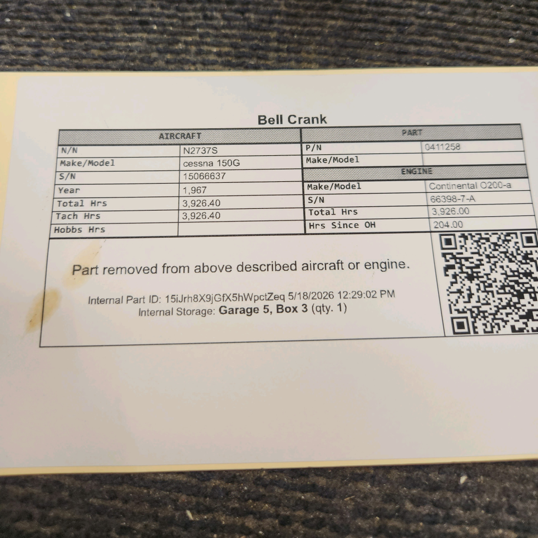 Used aircraft parts for sale, 0411258 cessna 150G Bellcrank Assembly