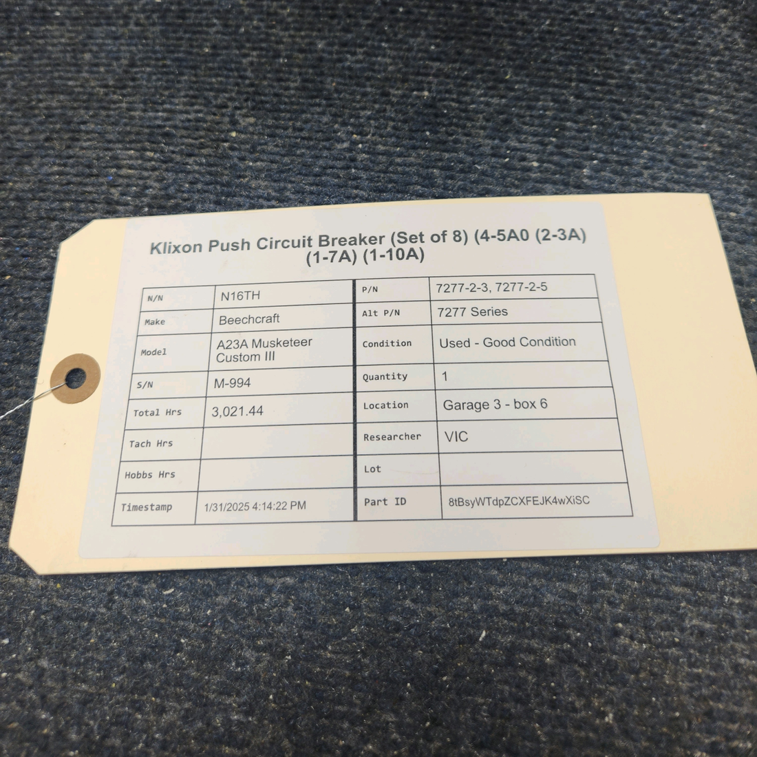 Used aircraft parts for sale, 7277-2-3, 7277-2-5 klixon 7277 Series Beechcraft A23A Musketeer Custom III KLIXON PUSH CIRCUIT BREAKER (SET OF 8)  (4-5A0 (2-3A) (1-7A) (1-10A)