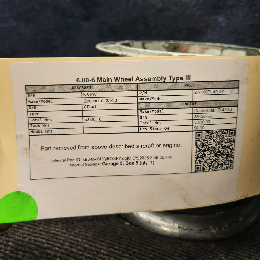 Used aircraft parts for sale, 27-100D Beechcraft 35-33 6.00-6 Main Wheel Assembly Type III