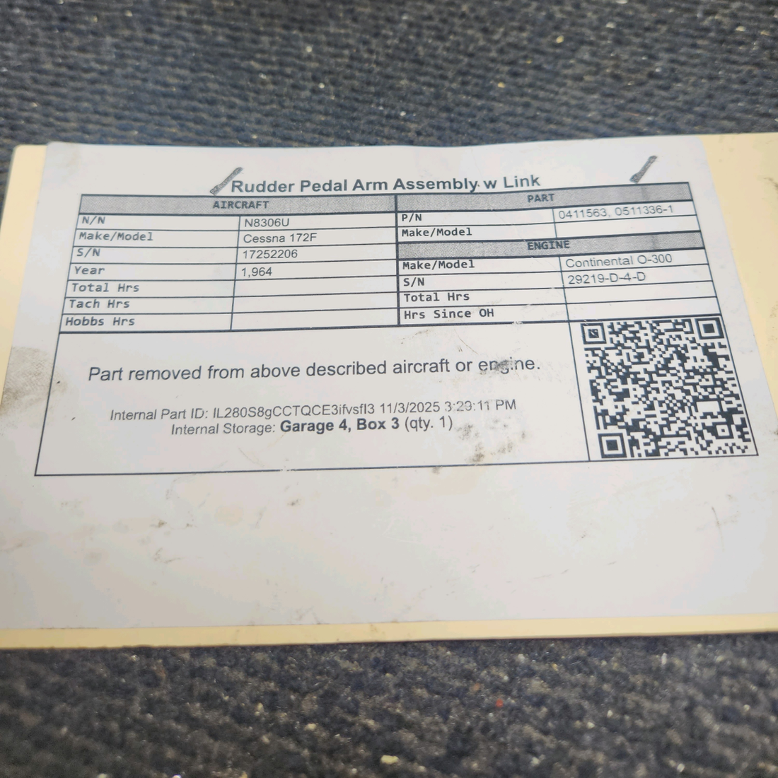 Used aircraft parts for sale, 0411563, 0511336-1 Cessna 172F Rudder Pedal Arm Assembly w/ Link