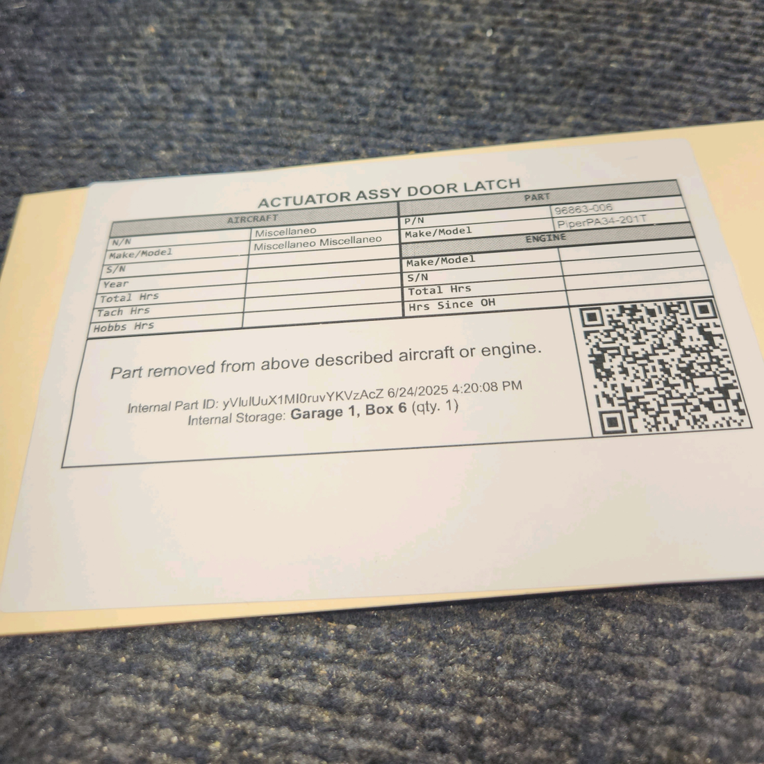 Used aircraft parts for sale, 96863-006 Piper PA34-201T ACTUATOR ASSY DOOR LATCH