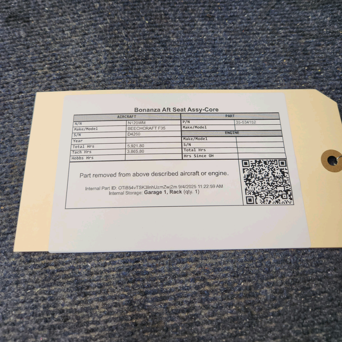 Used aircraft parts for sale, 35-534152 BEECHCRAFT F35 Bonanza Aft Seat Assy-Core