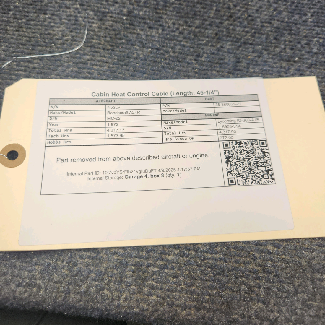 Used aircraft parts for sale, 35-380051-21 Beechcraft A24R Cabin Heat Control Cable (Length: 45-1/4")