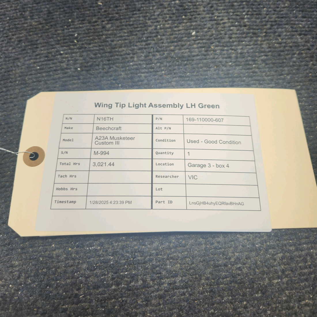 Used aircraft parts for sale, 169-110000-607 Beechcraft A23A Musketeer Custom III WING TIP LIGHT ASSEMBLY LH GREEN