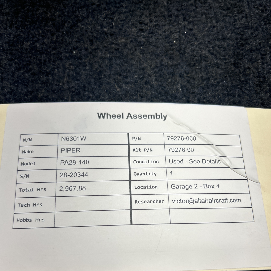 Used aircraft parts for sale, 79276-000 PIPER PA28-140 WHEEL ASSEMBLY
