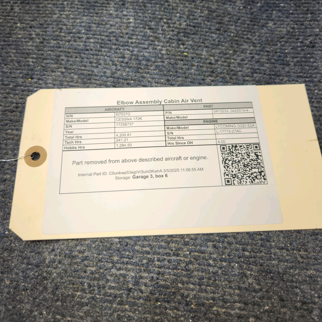 Used aircraft parts for sale, 0413233 CESSNA 172K ELBOW ASSEMBLY CABIN AIR VENT - LH