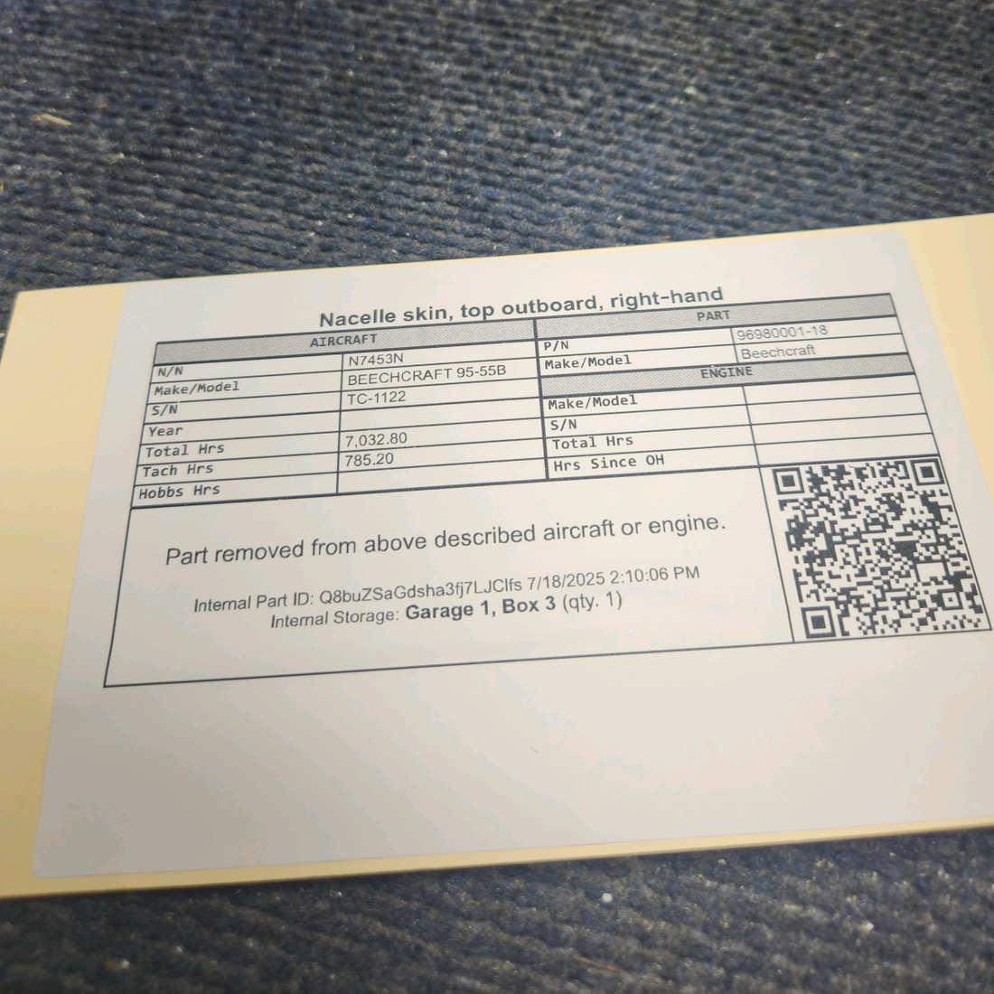 Used aircraft parts for sale, 96-980001-18 BEECHCRAFT 95-55B Skin Nacelle Top Outboard - RH