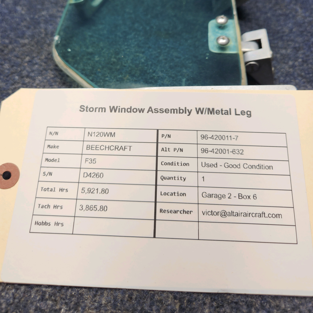 Used aircraft parts for sale, 96-420011-7 BEECHCRAFT F35 STORM WINDOW ASSEMBLY W/METAL LEG