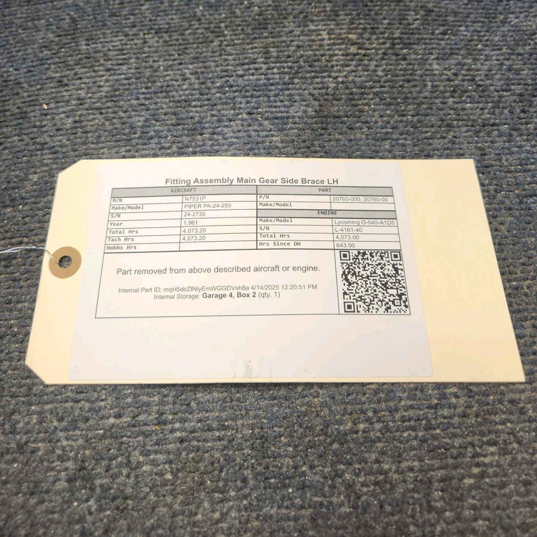 Used aircraft parts for sale, 20760-000 PIPER PA-24-250 Fitting Assembly Main Gear Side Brace LH