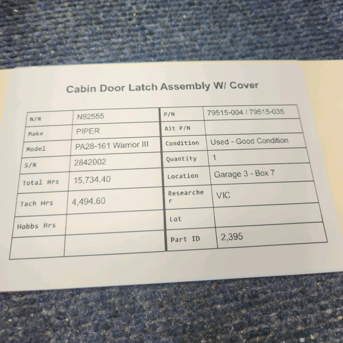 Used aircraft parts for sale, 79515-004 / 79515-035 PIPER PA28-161 Warrior III CABIN DOOR LATCH ASSEMBLY W COVER