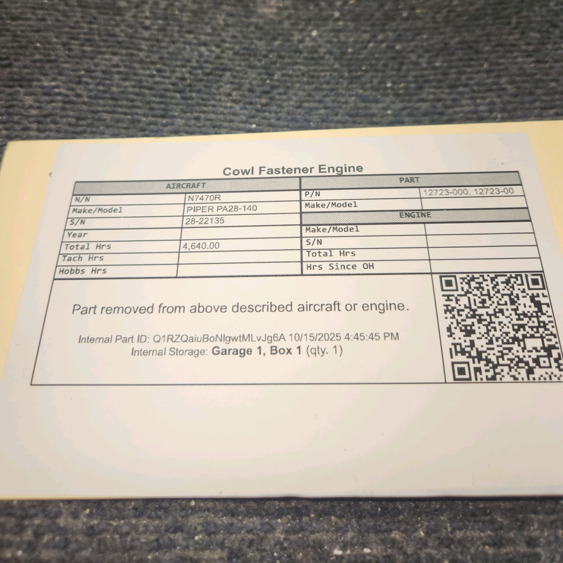 Used aircraft parts for sale, 12723-000 PIPER PA28-140 Engine Cowl Fastener