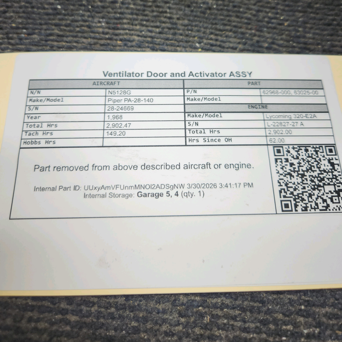 Used aircraft parts for sale, 62968-000 Piper PA-28-140 Ventilator Door and Actuator Assembly