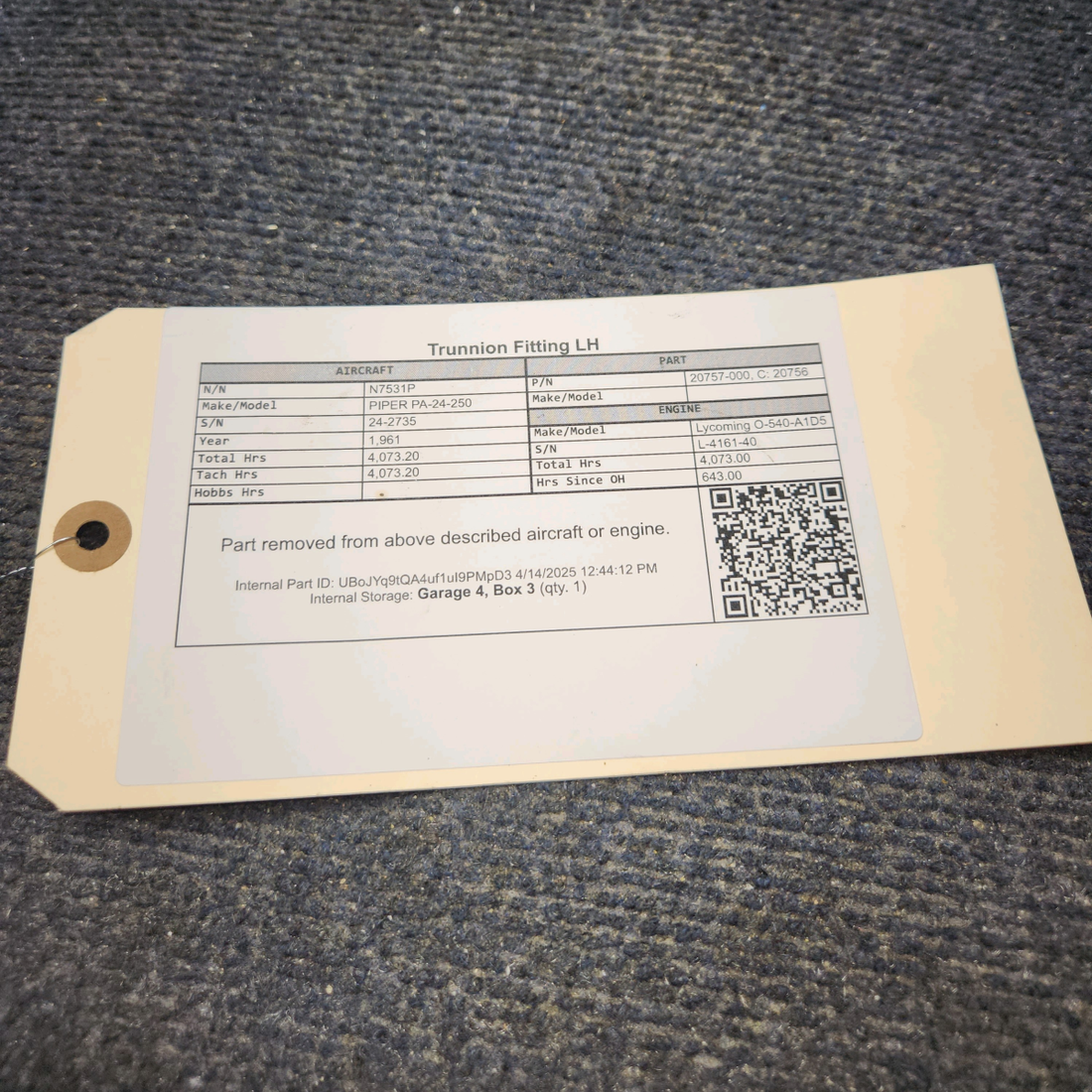 Used aircraft parts for sale, 20757-000 PIPER PA-24-250 Trunnion Fitting LH