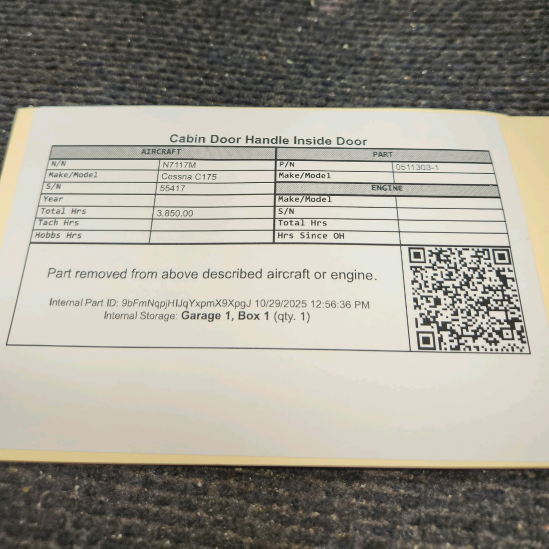 Used aircraft parts for sale, 0511303-1 Cessna C175 Cabin Door Handle Inside Door