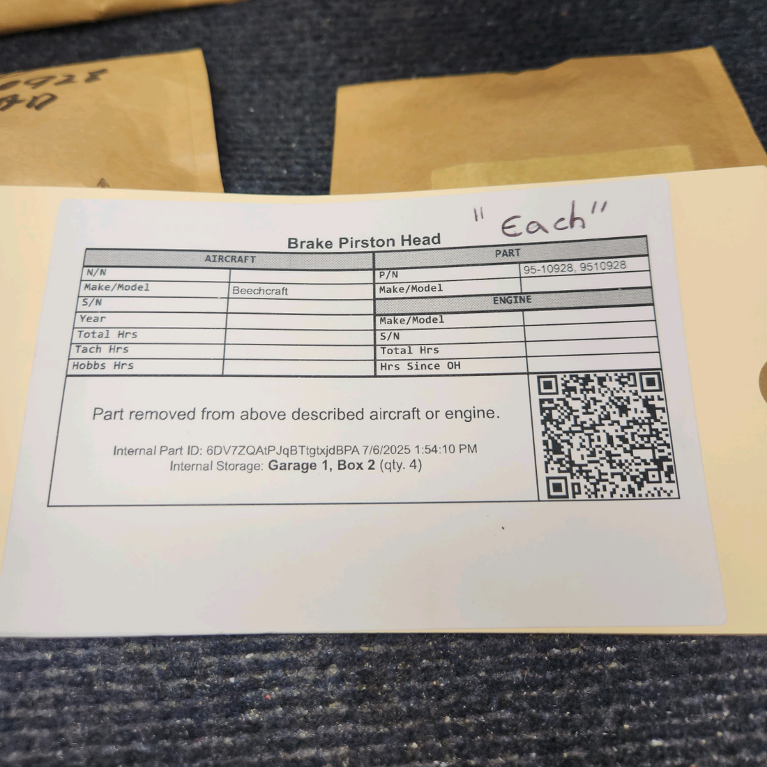 Used aircraft parts for sale, 95-10928 Beechcraft Brake Pirston Head "Price Per Each"