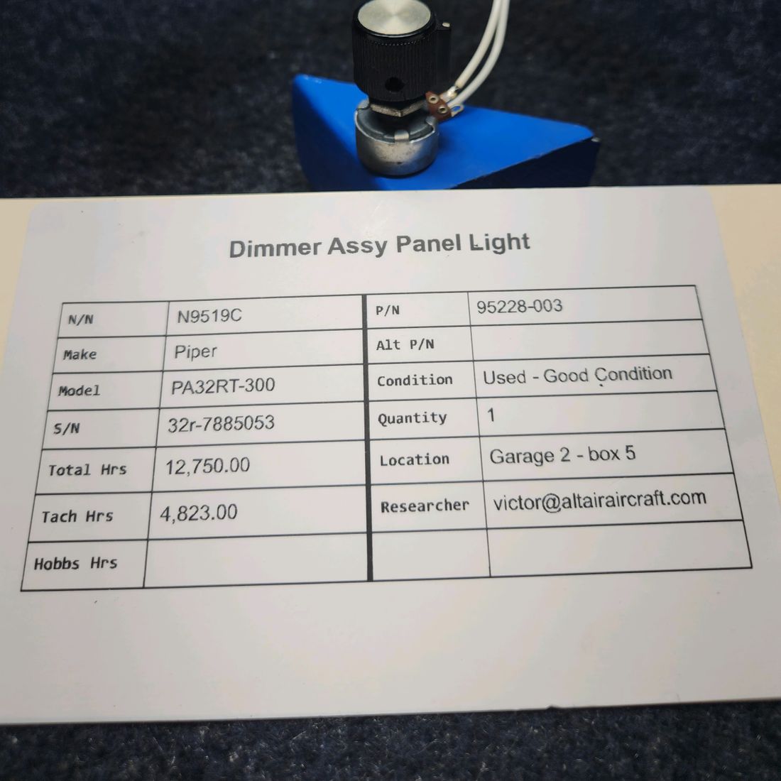 Used aircraft parts for sale, 95228-003 Piper PA32RT-300 DIMMER ASSY PANEL LIGHT