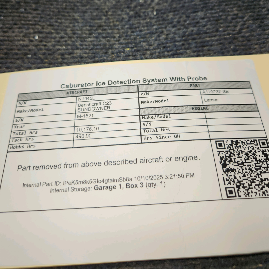 Used aircraft parts for sale, A110237-SE Lamar Beechcraft C23 SUNDOWNER Carburetor Ice Detection System with Probe