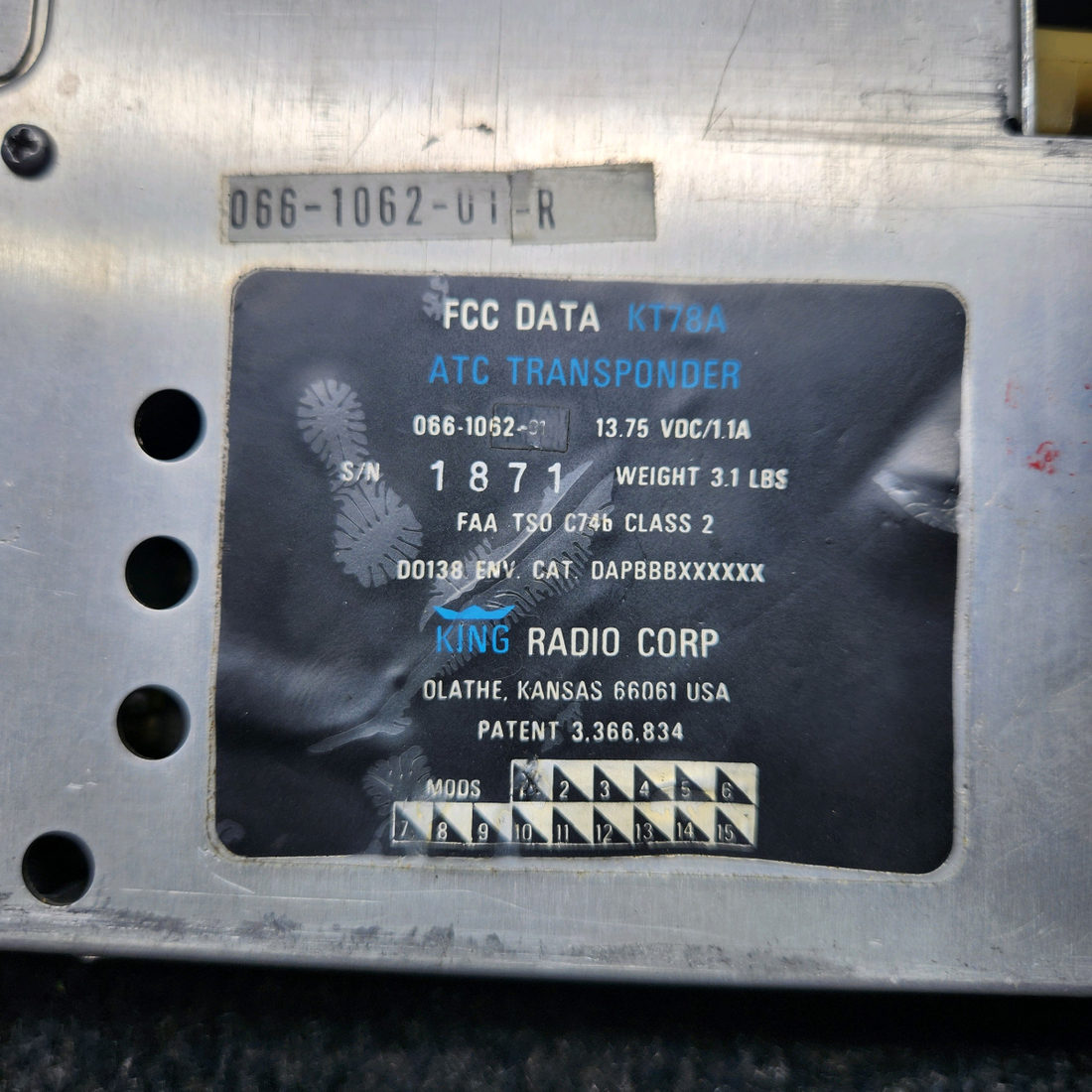 Used aircraft parts for sale, 066-1062-01 PIPIR PA32RT-300 KING KT 78A ATC TRANSPONDER RACK AND CONNECTOR