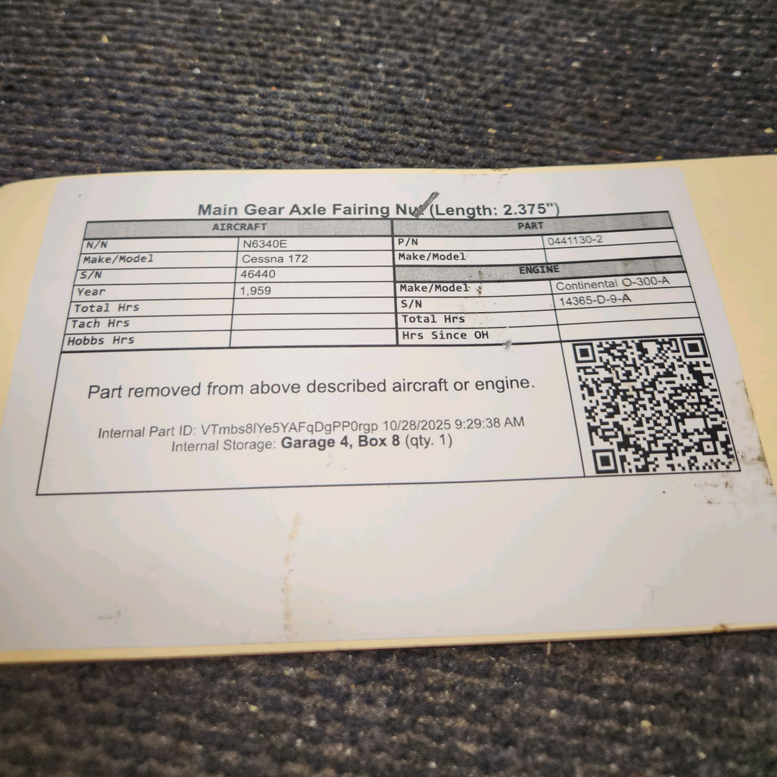 Used aircraft parts for sale, 0441130-2 Cessna 172 Main Gear Axle Fairing Nut (Length: 2.375")
