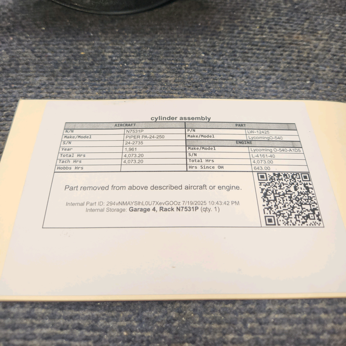 Used aircraft parts for sale, LW-12425 Lycoming O-540 PIPER PA-24-250 Cylinder Assembly Nitrided