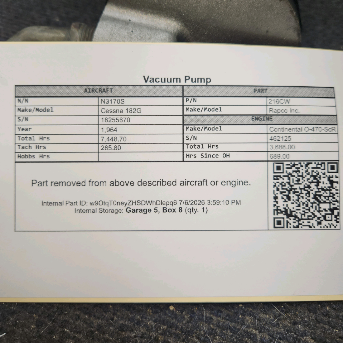 Used aircraft parts for sale, 216CW Rapco Inc. Cessna 182G Vacuum Pump