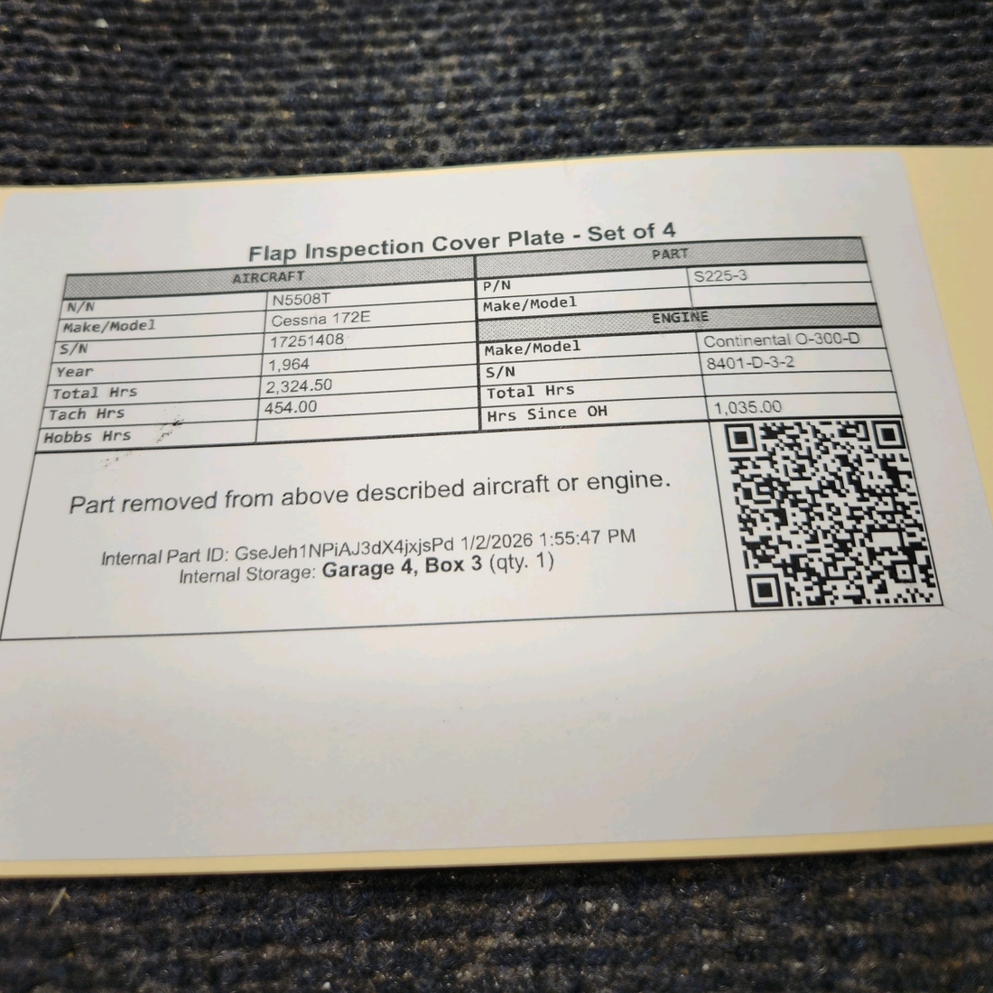 Used aircraft parts for sale, S225-3 Cessna 172E Flap Inspection Cover Plate - Set of 4