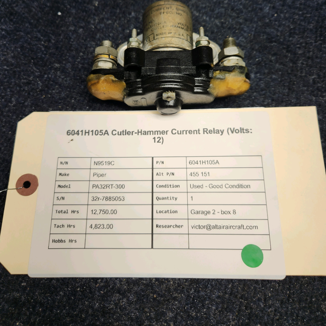 Used aircraft parts for sale, 6041H105A Piper PA32RT-300 CUTLER-HAMMER CURRENT RELAY (VOLTS: 12)