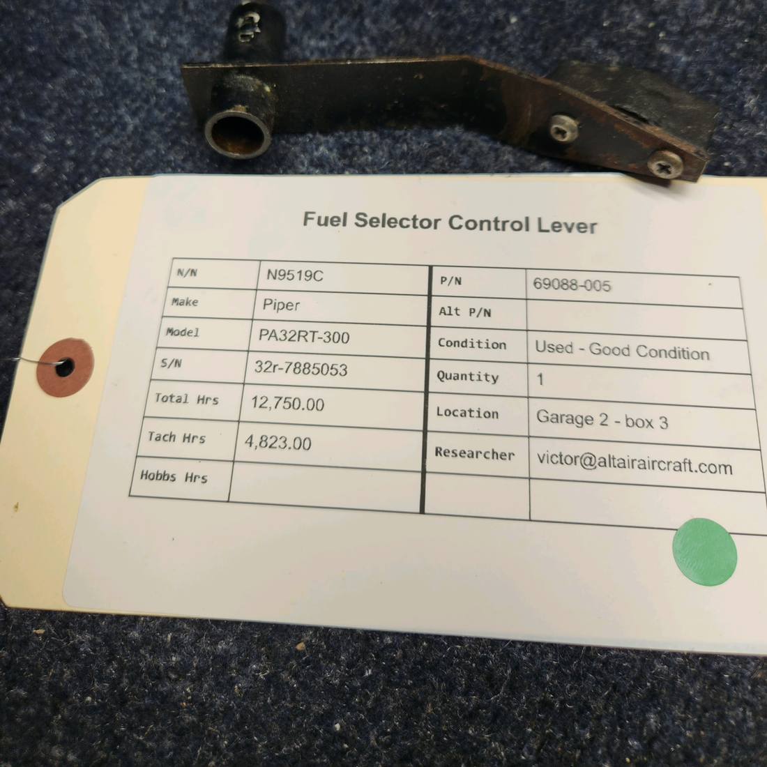 Used aircraft parts for sale, 69088-005 Piper PA32RT-300 FUEL SELECTOR CONTROL LEVER