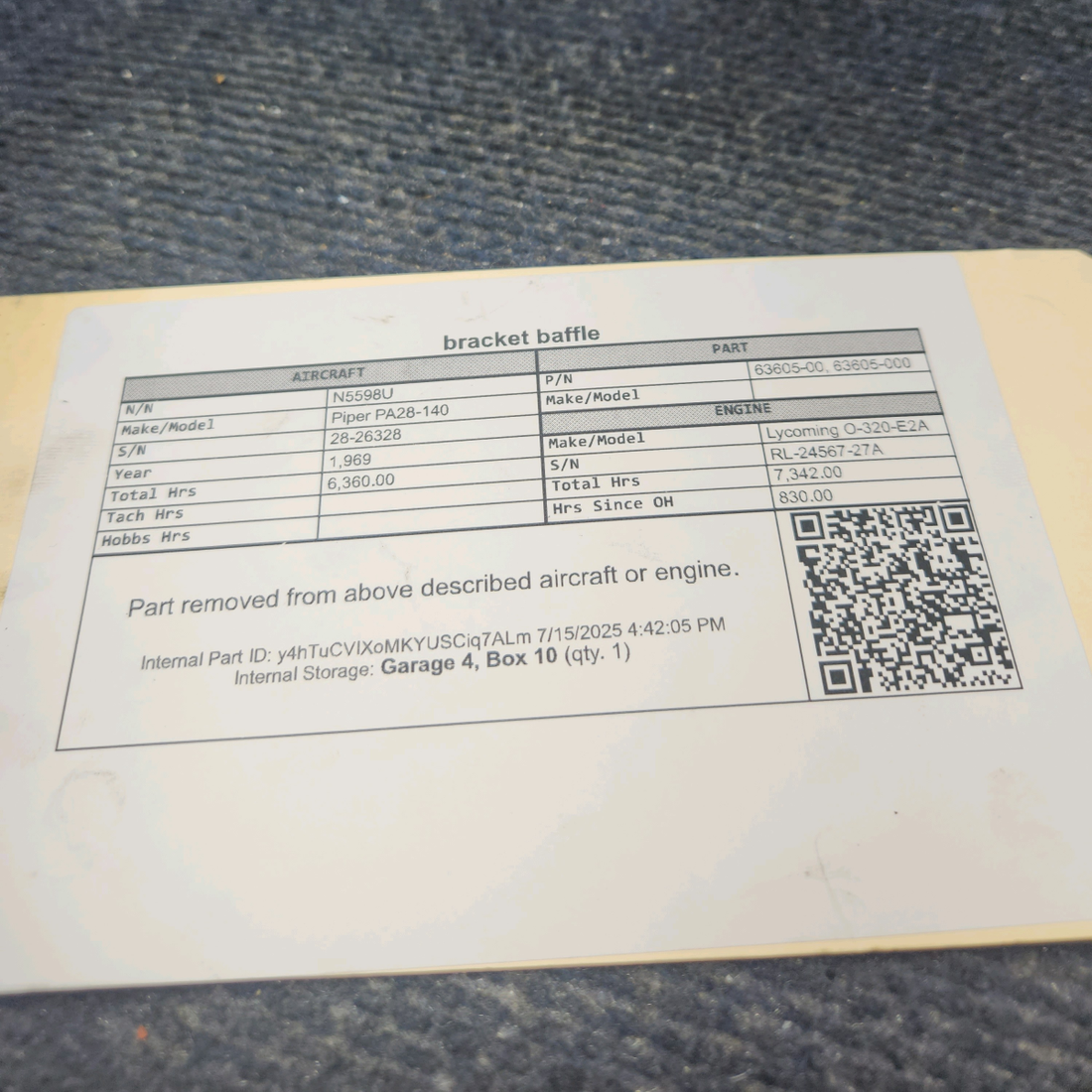 Used aircraft parts for sale, 63605-00 Lycoming O-320 Piper PA28-140 Baffle Bracket