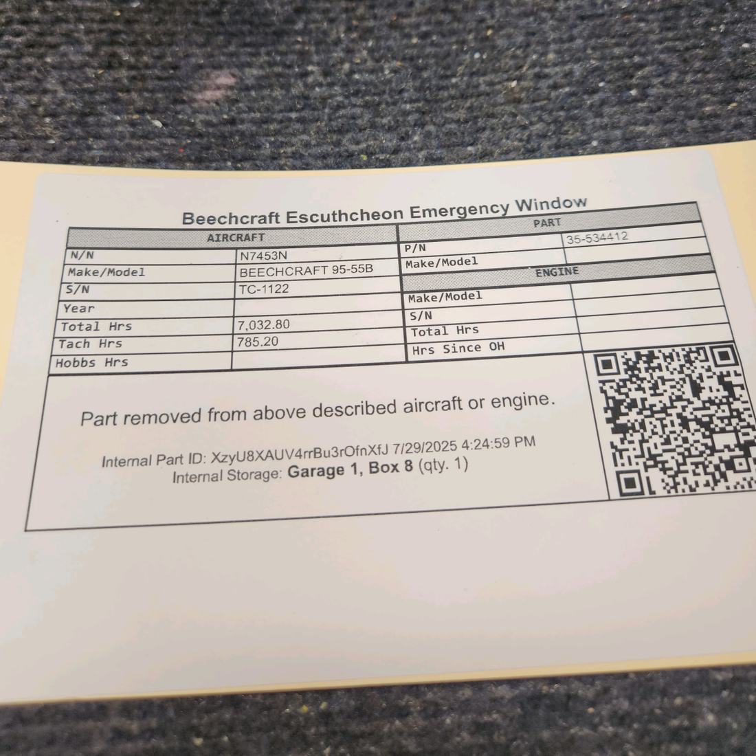 Used aircraft parts for sale, 35-534412 BEECHCRAFT 95-55B Escutcheon Emergency Window
