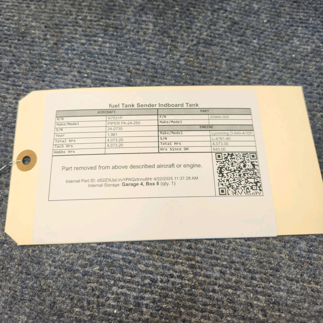 Used aircraft parts for sale, 20966-000 PIPER PA-24-250 fuel Tank Sender - Inboard Tank