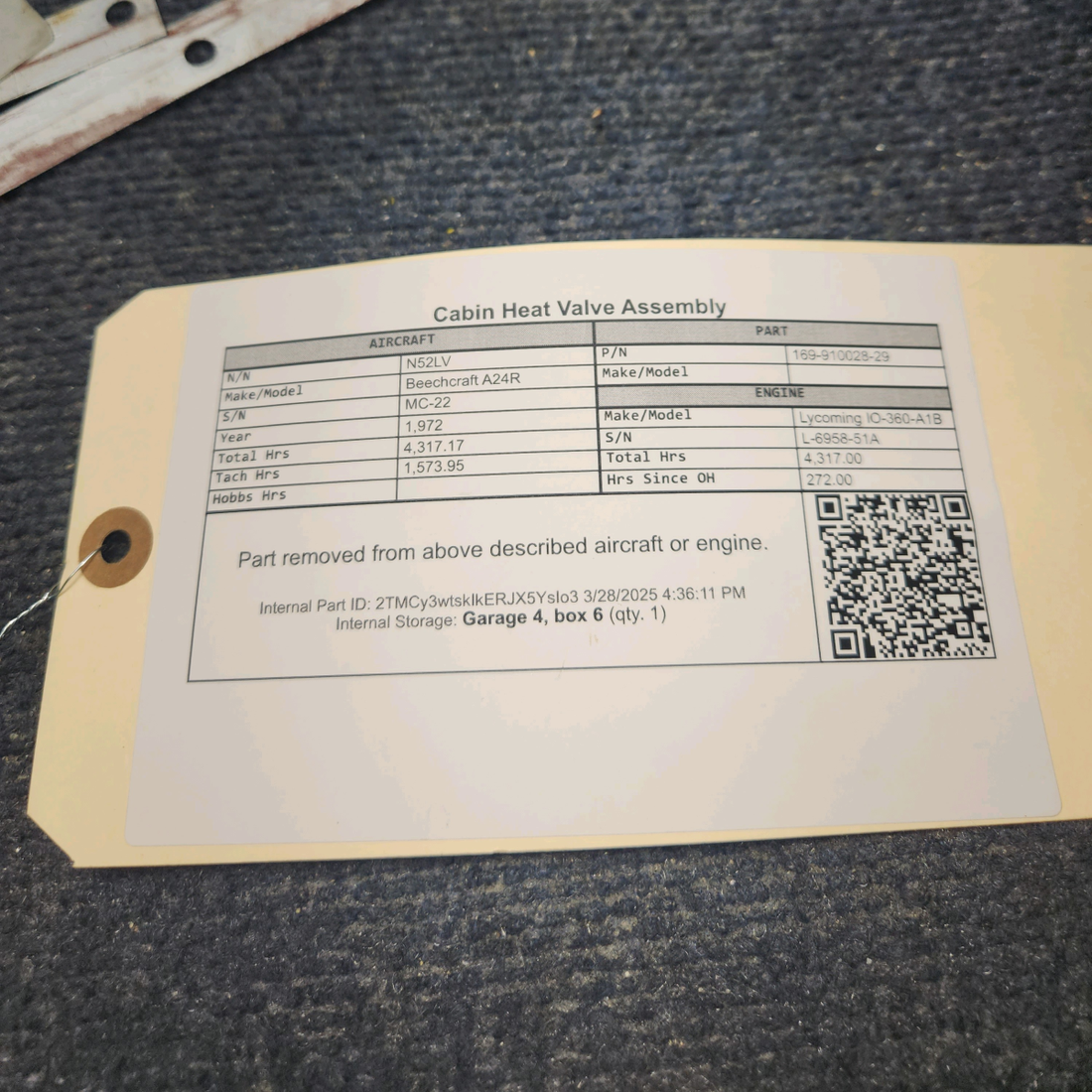 Used aircraft parts for sale, 169-910028-29 Beechcraft A24R Cabin Heat Valve Assembly