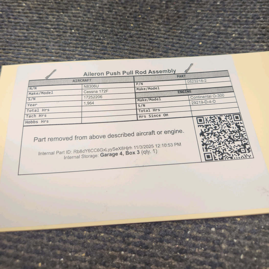 Used aircraft parts for sale, 0523218-2 Cessna 172F Aileron Push Pull Rod Assembly