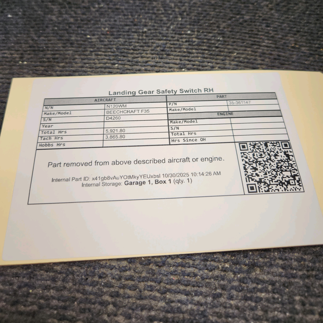 Used aircraft parts for sale, 35-361147 BEECHCRAFT F35 Landing Gear Safety Switch - RH