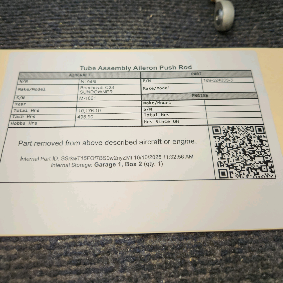 Used aircraft parts for sale, 169-524035-3 Beechcraft C23 SUNDOWNER Aileron Push Rod Tube Assembly