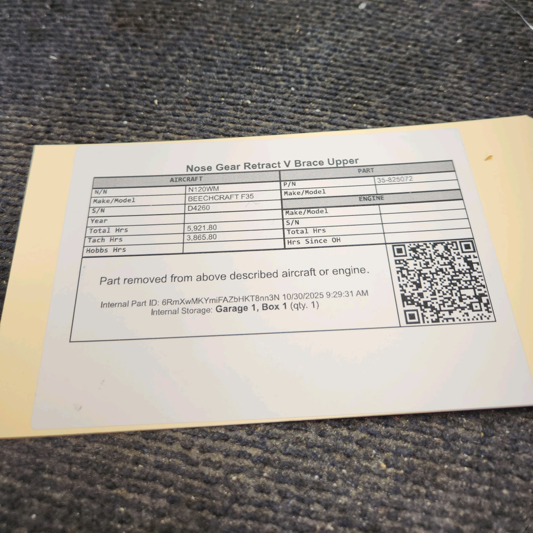 Used aircraft parts for sale, 35-825072 BEECHCRAFT F35 Nose Gear Retract V Brace Upper