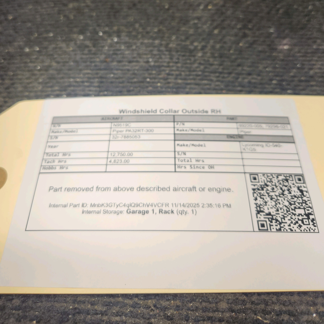 Used aircraft parts for sale, 69220-005 Piper PA32RT-300 Outside Windshield Collar - RH