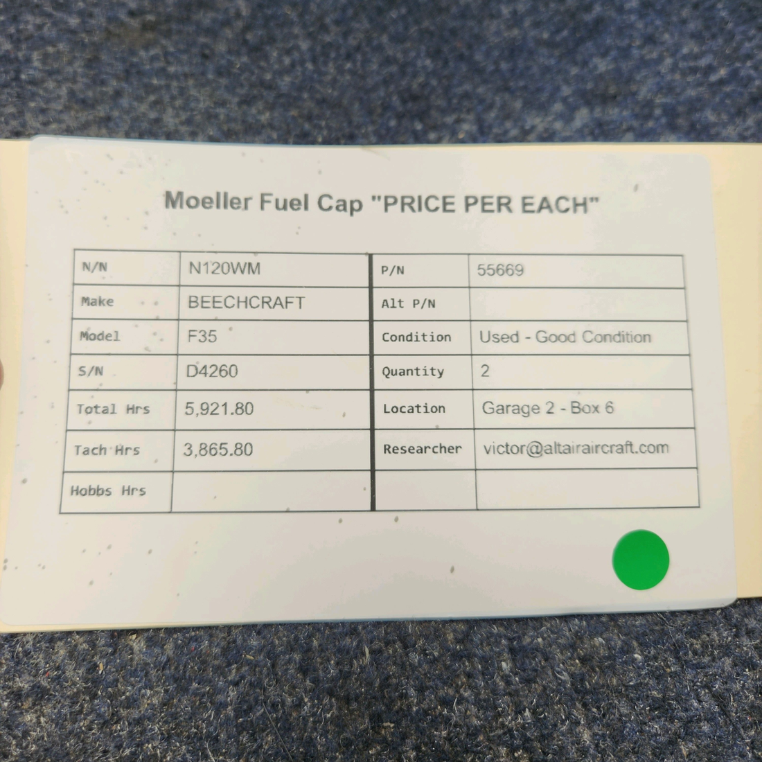 Used aircraft parts for sale, 55669 BEECHCRAFT F35 MOELLER FUEL CAP "PRICE PER EACH"