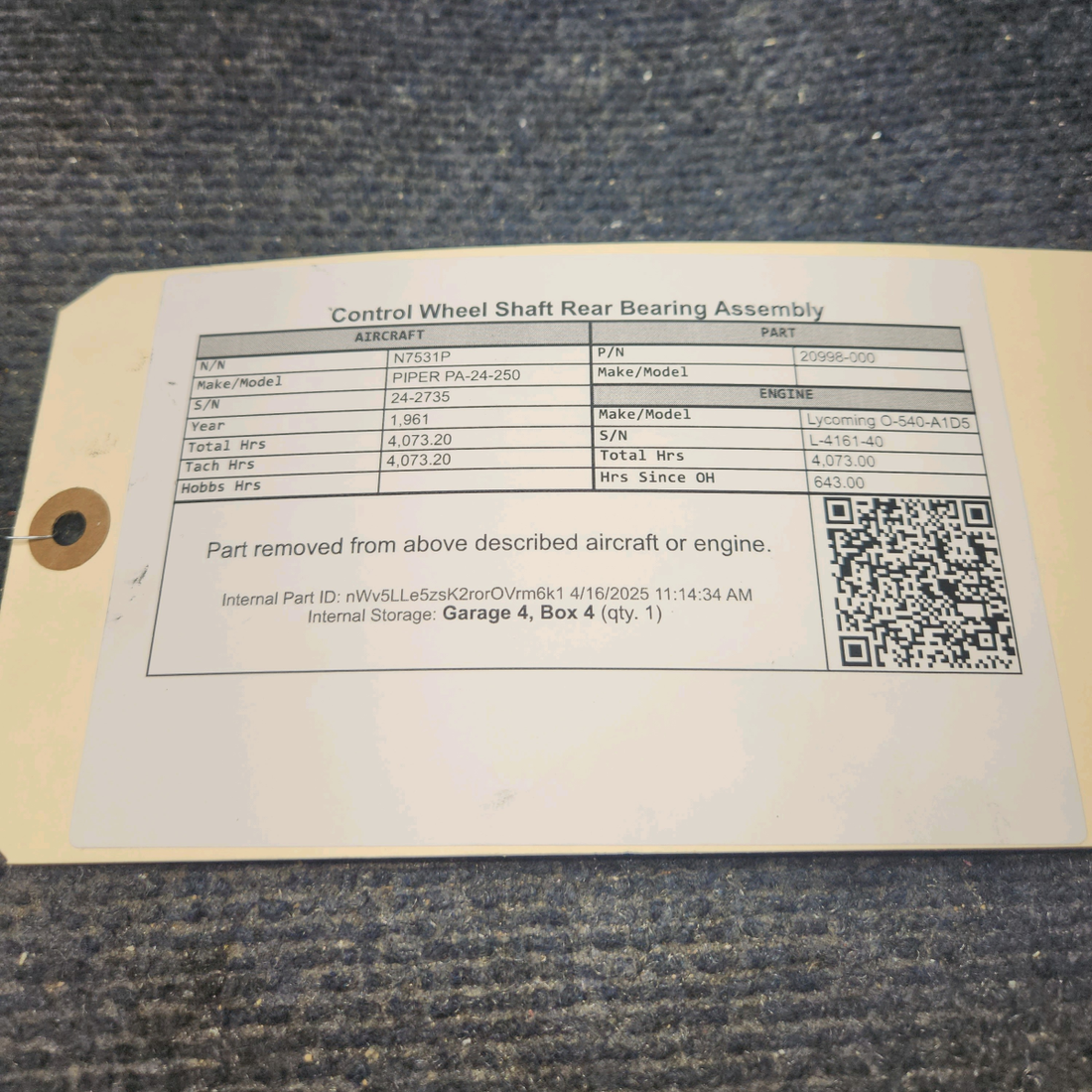 Used aircraft parts for sale, 20998-000 PIPER PA-24-250 Control Wheel Shaft Rear Bearing Assembly