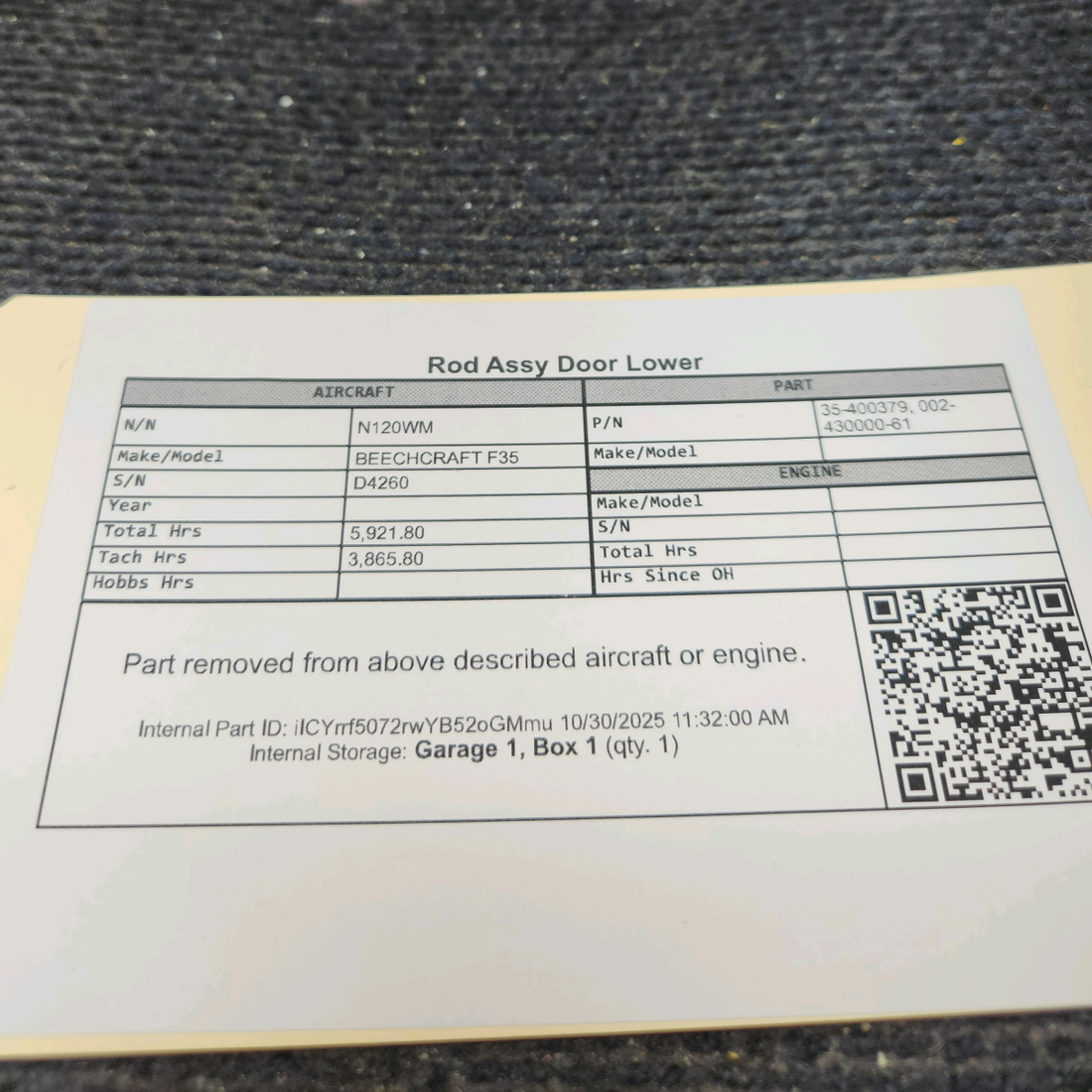 Used aircraft parts for sale, 35-400379 BEECHCRAFT F35 Rod Assy Door Lower