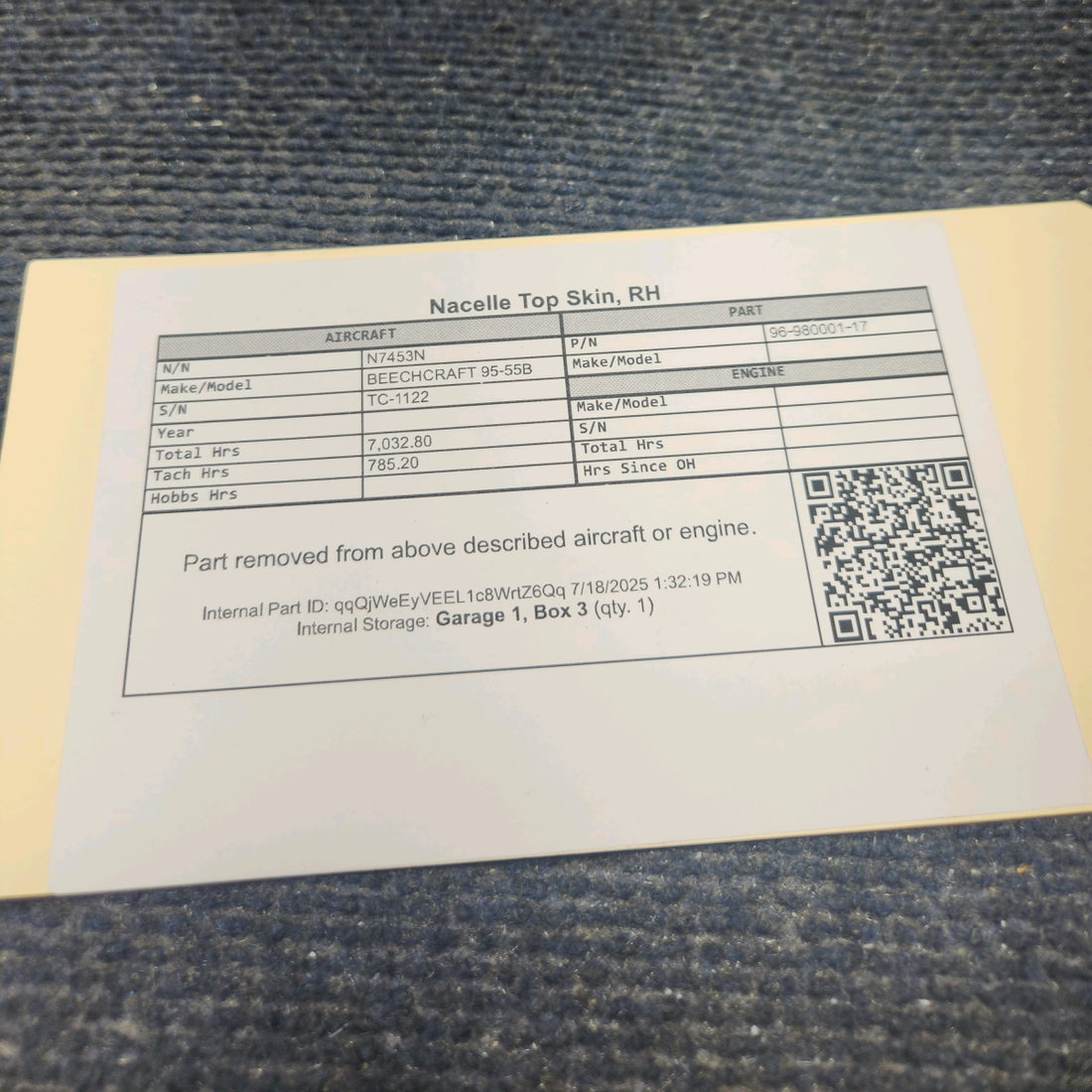 Used aircraft parts for sale, 96‑980001‑17 BEECHCRAFT 95-55B Skin Nacelle INBD - RH