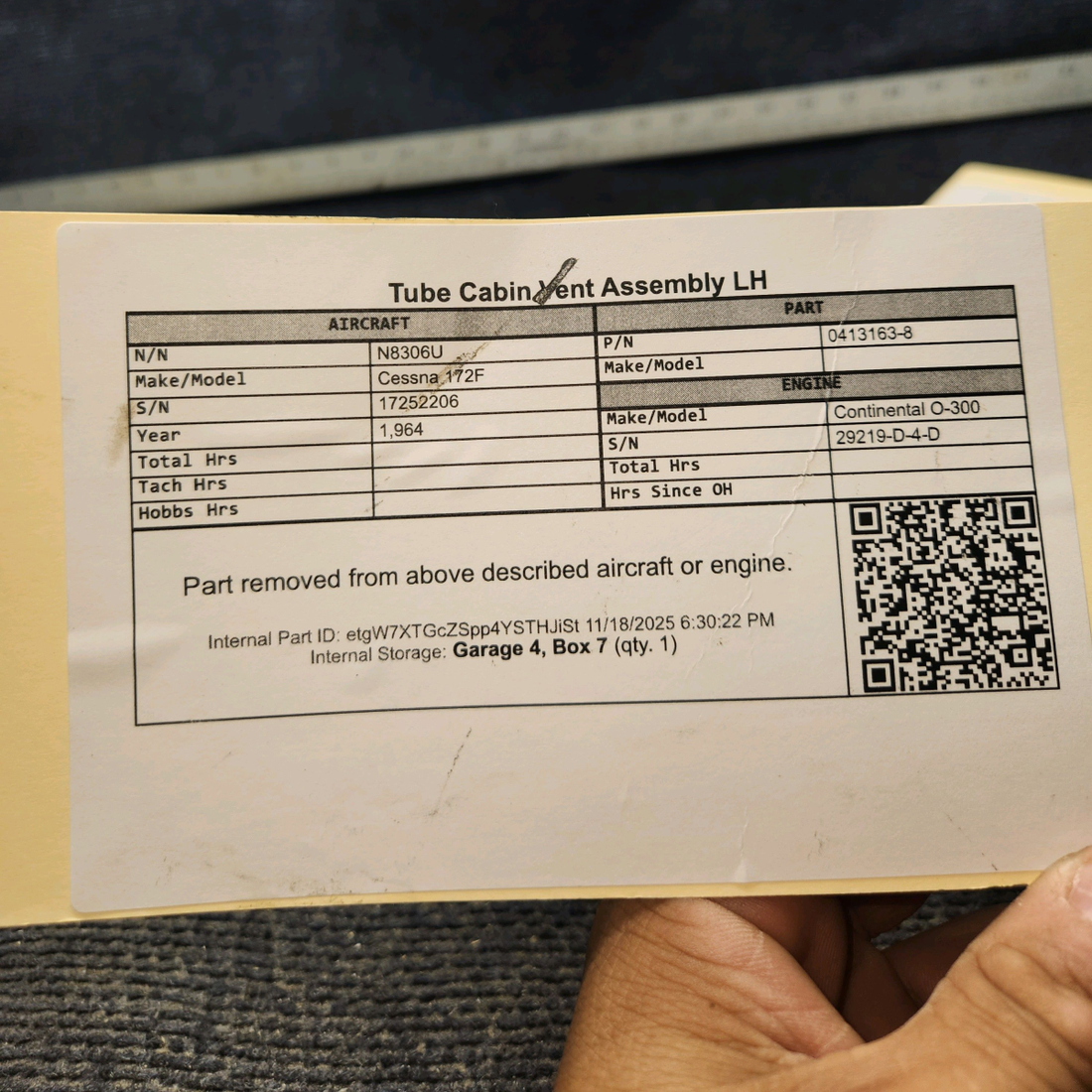 Used aircraft parts for sale, 0413163-8 Cessna 172F Tube Cabin Vent Assembly - LH