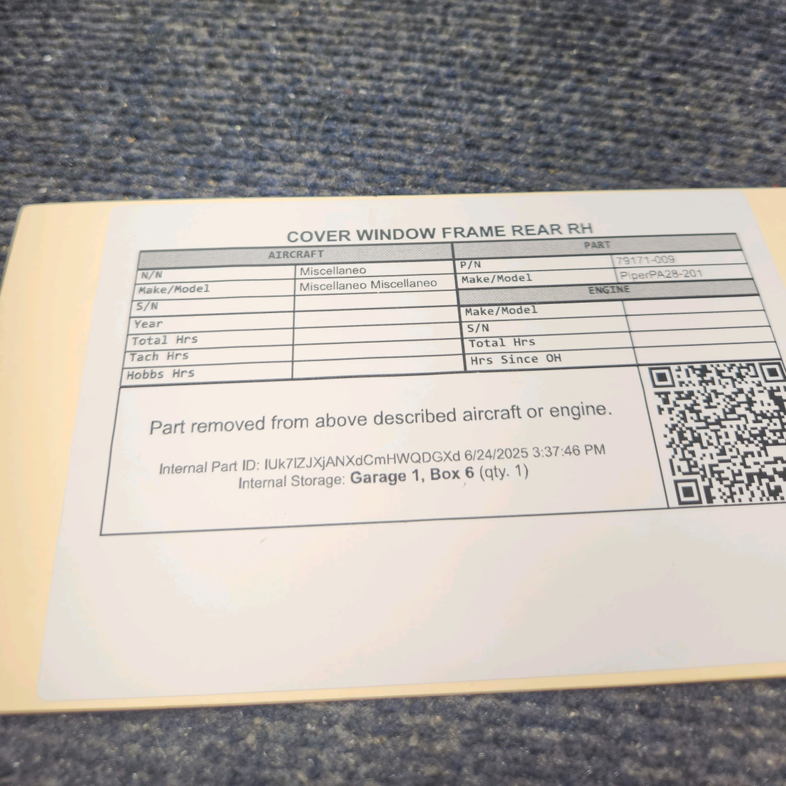 Used aircraft parts for sale, 79171-009 Piper PA28-201T Window frame rear right