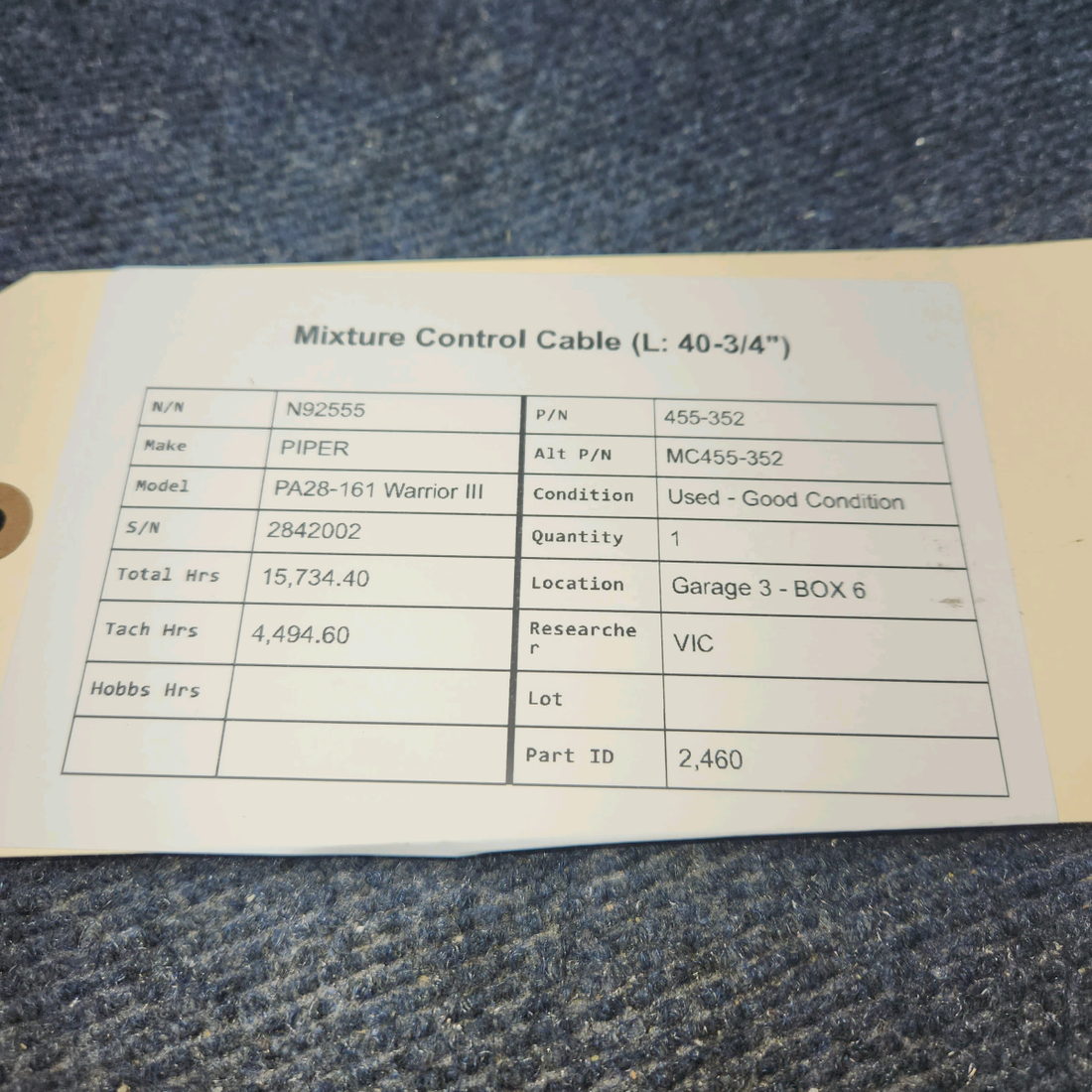 Used aircraft parts for sale, 455-352 PIPER PA28-161 Warrior III MIXTURE CONTROL CABLE (L: 40-3/4")