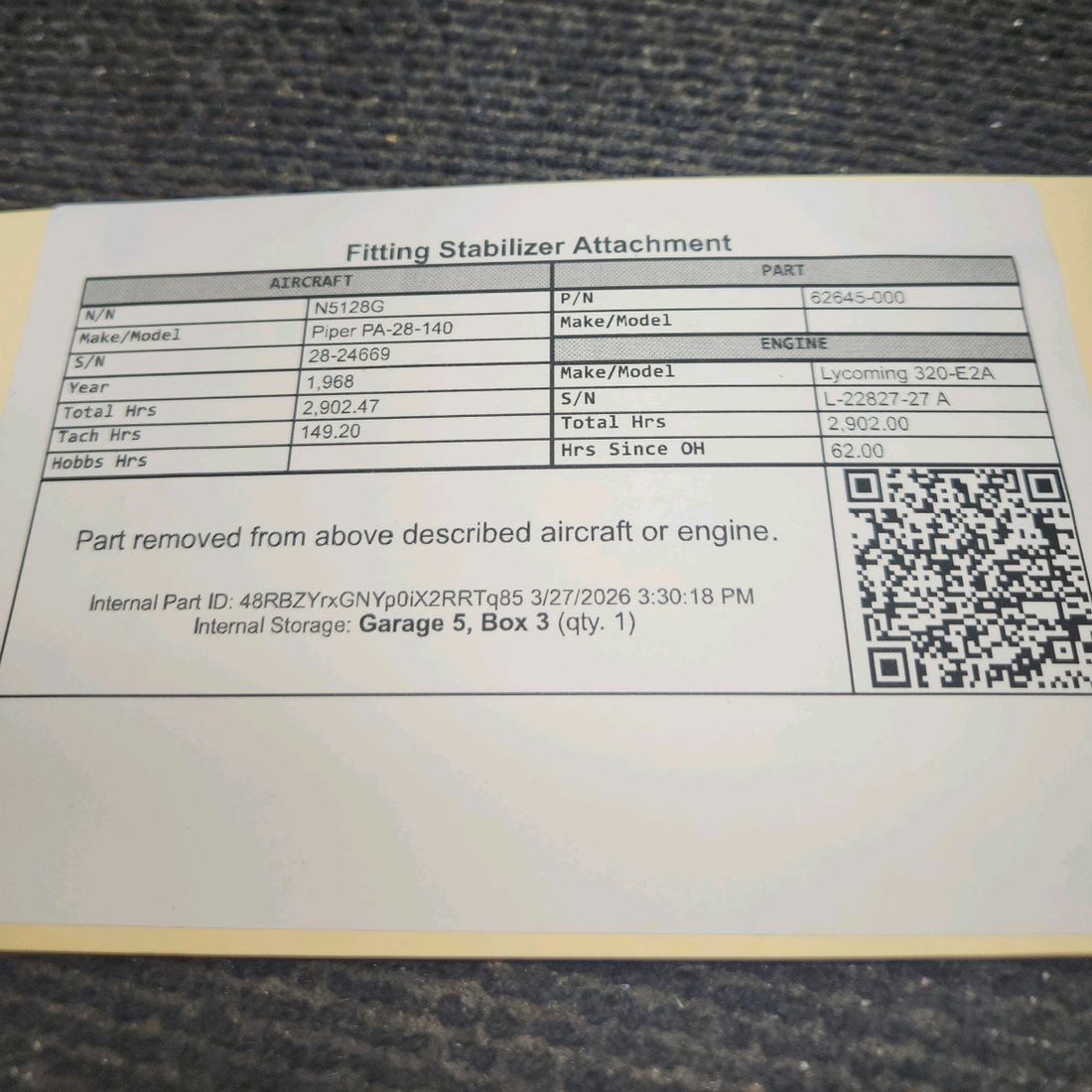 Used aircraft parts for sale, 62645-000 Piper PA-28-140 Fitting Stabilizer Attachment
