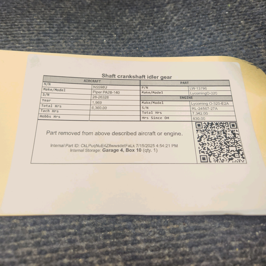 Used aircraft parts for sale, LW-13796 Lycoming O-320 Piper PA28-140 Crankshaft Idler Gear Shaft