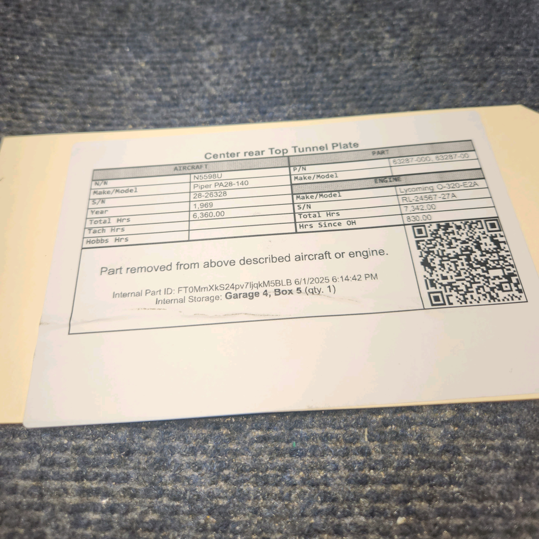 Used aircraft parts for sale, 63287-000 Piper PA28-140 Center Rear Top Tunnel Plate