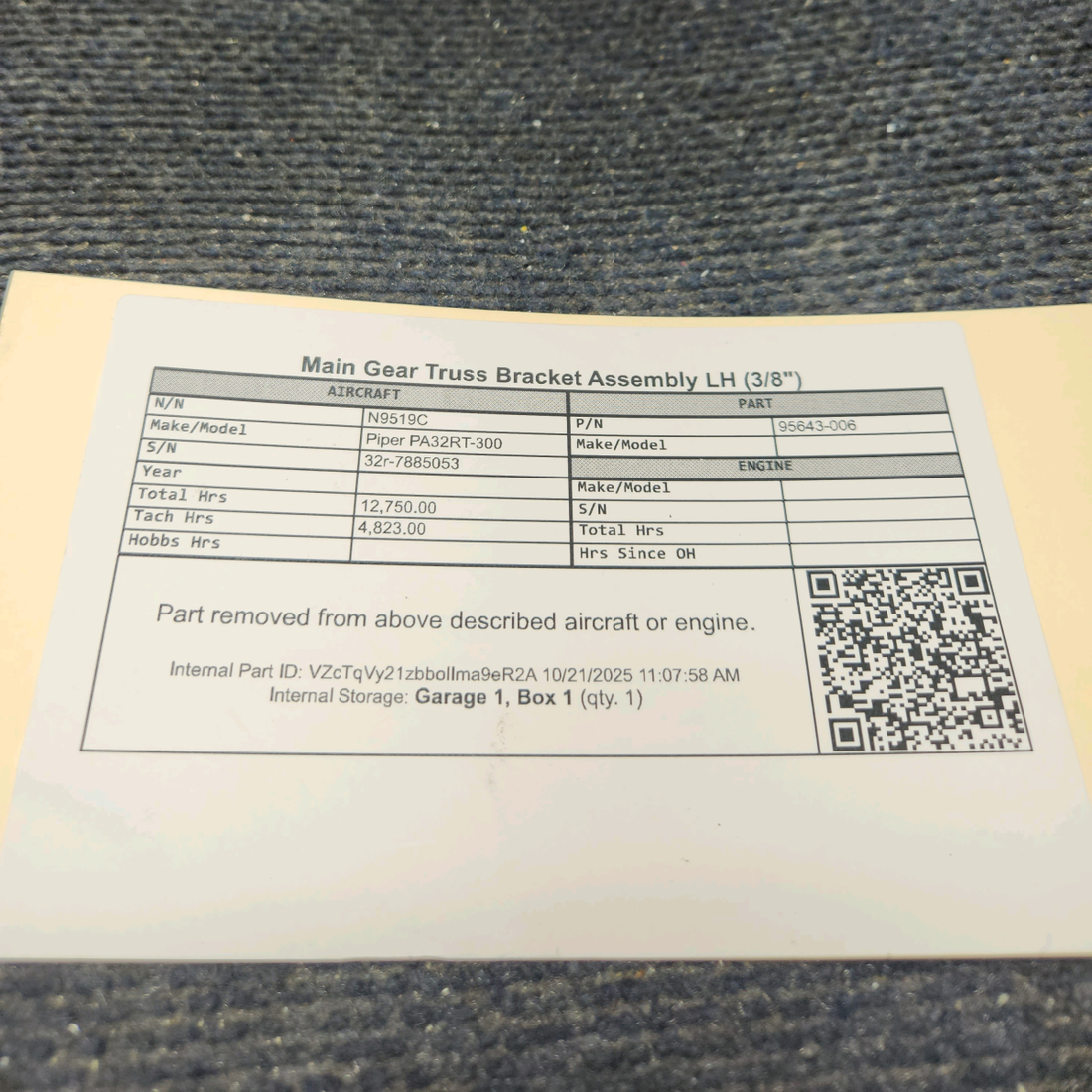 Used aircraft parts for sale, 95643-006 Piper PA32RT-300 Main Gear Truss Bracket Assembly - LH (3/8")