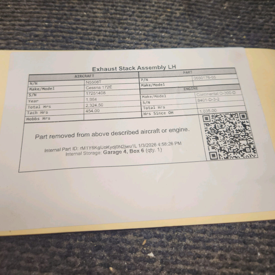 Used aircraft parts for sale, 0550176-55 Cessna 172E Exhaust Stack Assembly LH